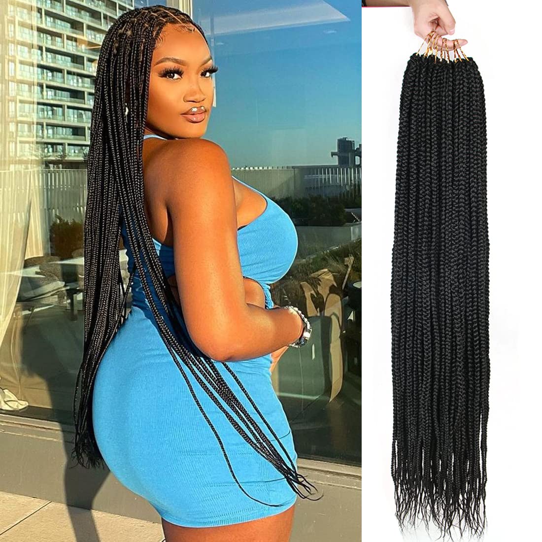 38 Inch Crochet Box Braids Pre Looped 7 Packs Box Braid Goddess Box Braids Crochet Hair Extensions Straight Crochet Hair For Women Crotchet Braid Hair Bundle (38 Inch（Pack of 7）, 1B#)