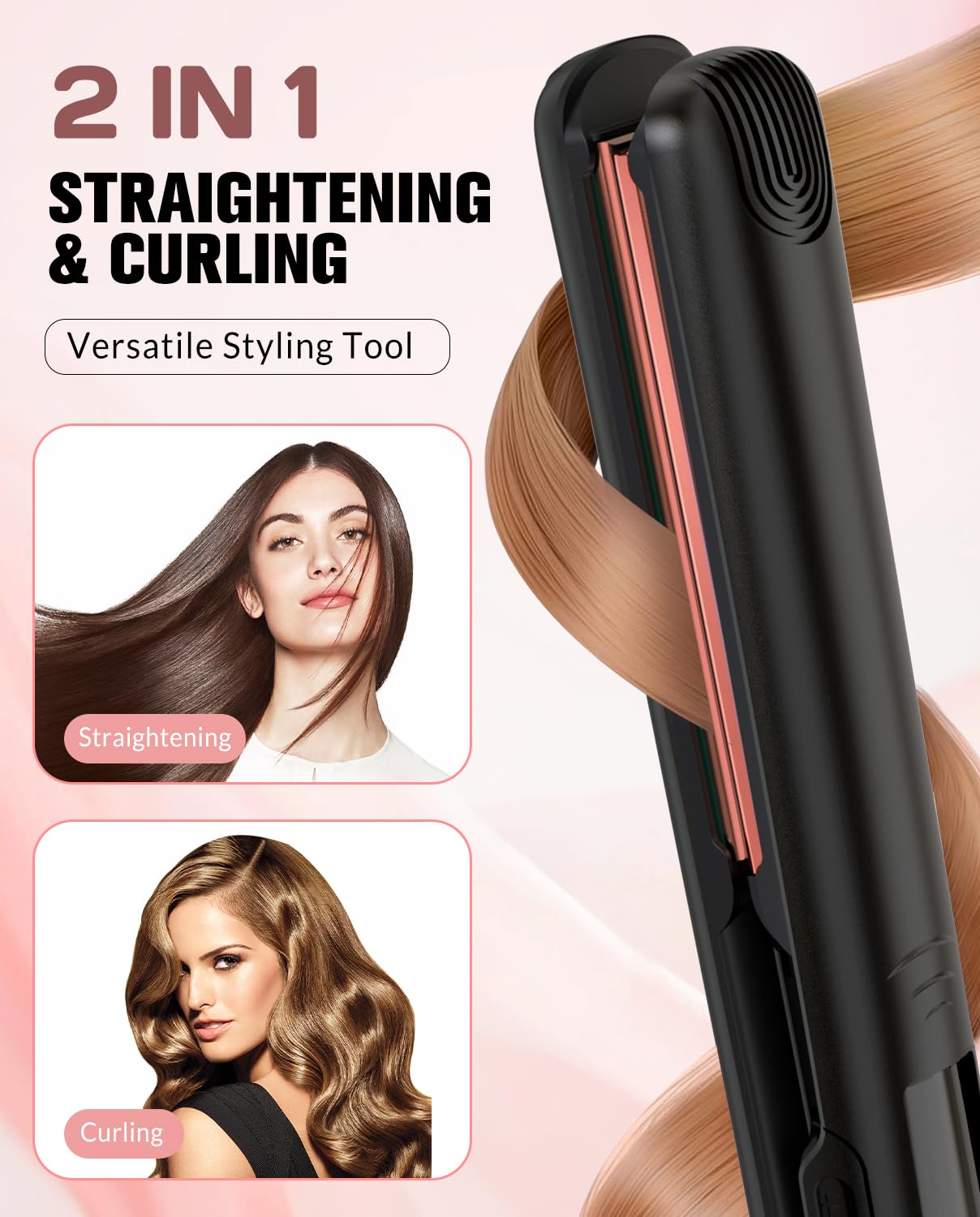 Soffiya Flat Iron Hair Straightener, Ceramic Hair Straightener and Curler 2 in 1, Rapid 30-Second Heat-Up Hair Straightening Iron with Floating Plates for Less Frizz, Shinier & Smoother Hair