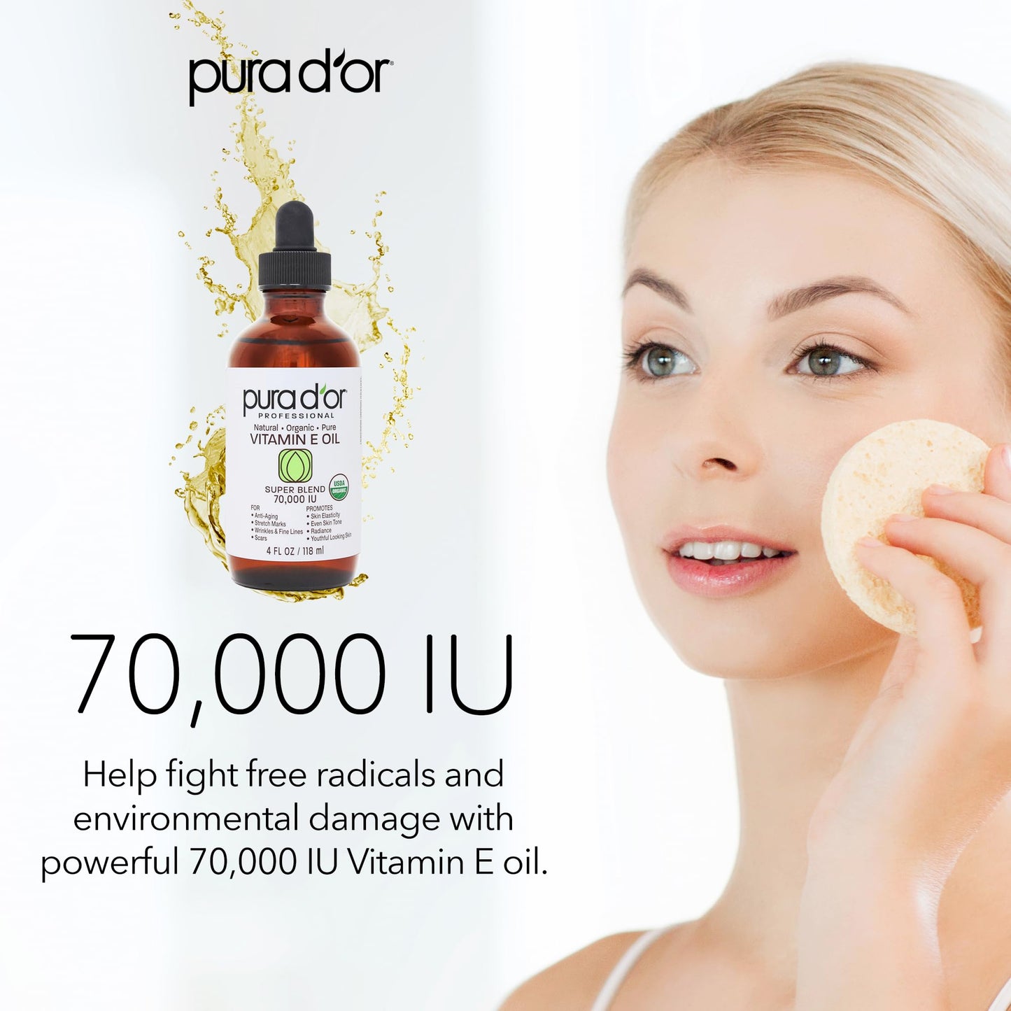 PURA D'OR 4 Oz Vitamin E Oil Blend 70,000 IU & Rosehip Seed Oil Hair Relaxer 100% Pure Cold Pressed USDA Certified All Natural Moisturizer For Anti-Aging, Acne Scar Treatment, Gua Sha Massage