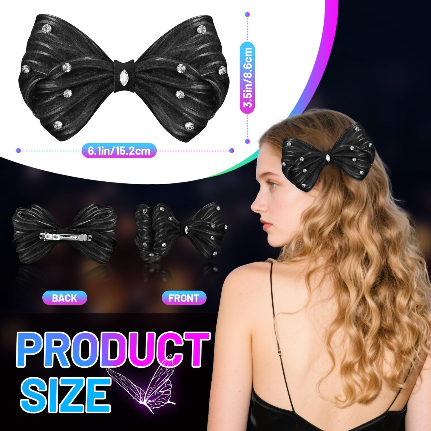 LED Bow Hair Clips 7 Colors Light up Hair Accessories Rhinestone Rave Clips Cute Headpiece Glow Hair Barrettes for Women