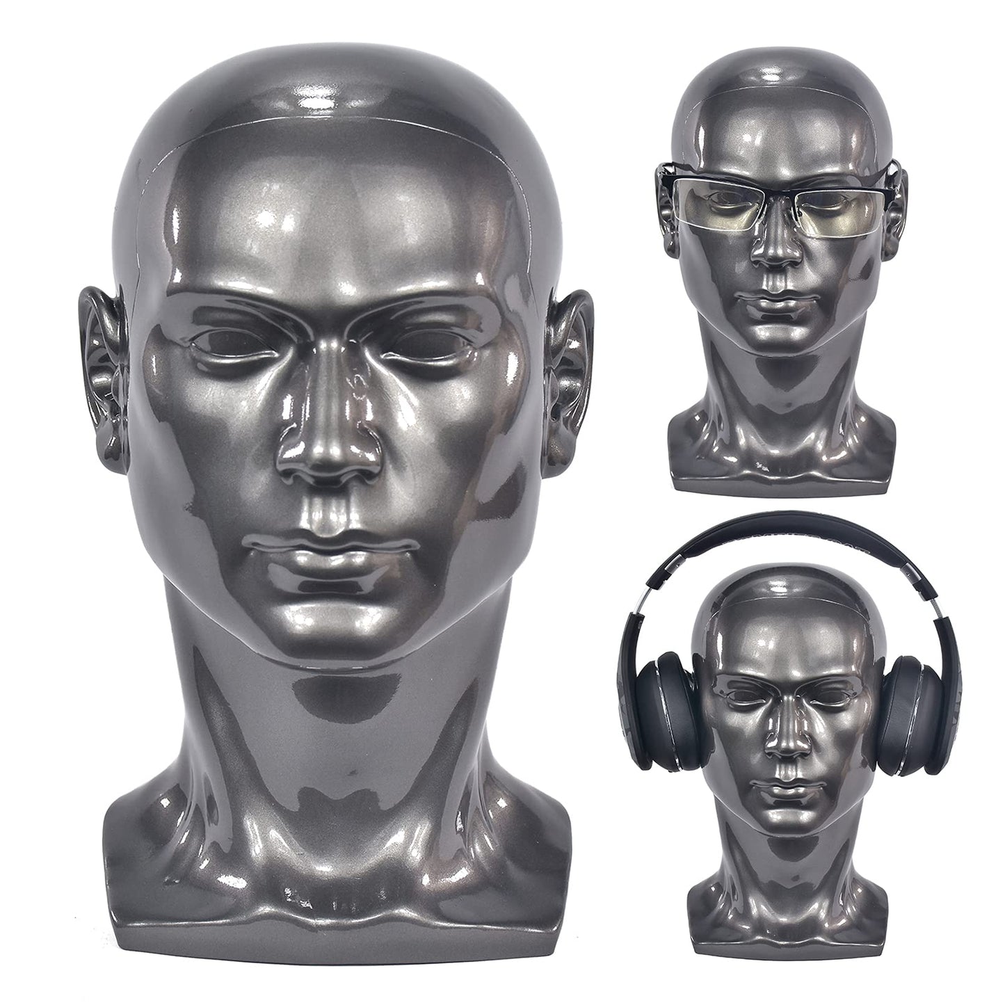 FanLin Male Mannequin Head Professional Manikin Head for Display Wigs Hats Headphone Mask Sunglasses Jewelry and Scravat Display Stand (Bright Gray)