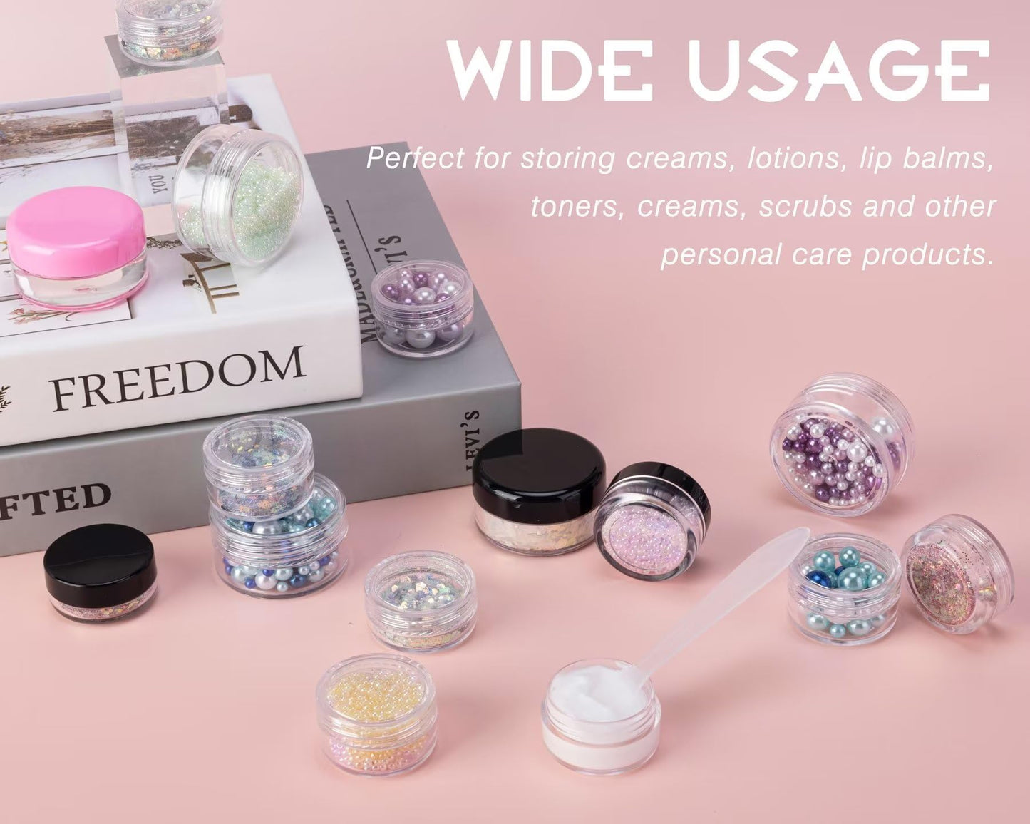 200 Count 5 Gram Sample Containers, Clear Lip Balm Containers with Lids, Small Plastic Sample Jars with 12 Mini Spoons, 200pcs Labels (Black Lid)