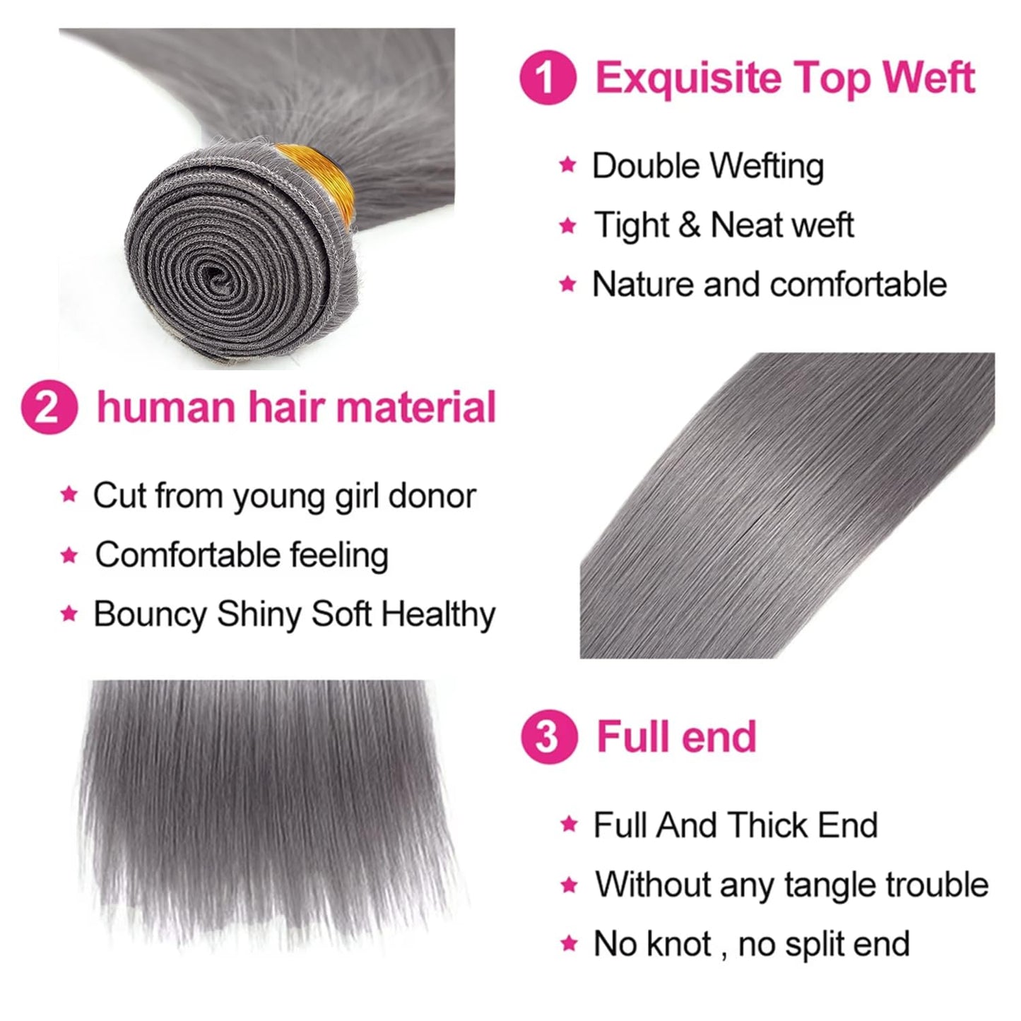 Grey Bundles Straight Bundles Human Hair 22 Inch Unprocessed Brazilian Virgin Weave Hairs Gray 1 Bundle 50 Gram Per Bundle Human Hair Extensions