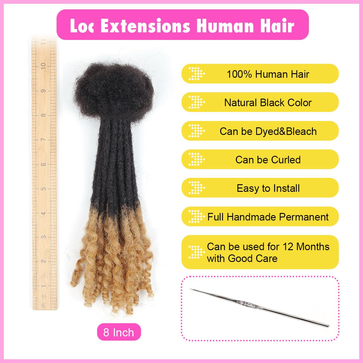 8 inch Loc Extensions Human Hair with Curly Ends, 0.4cm Width Permanent Dreadlock Extension Human Hair 20 Strands Natural 1b27 100% Full Handmade Dreads .Dyed and Bleached Drealocks