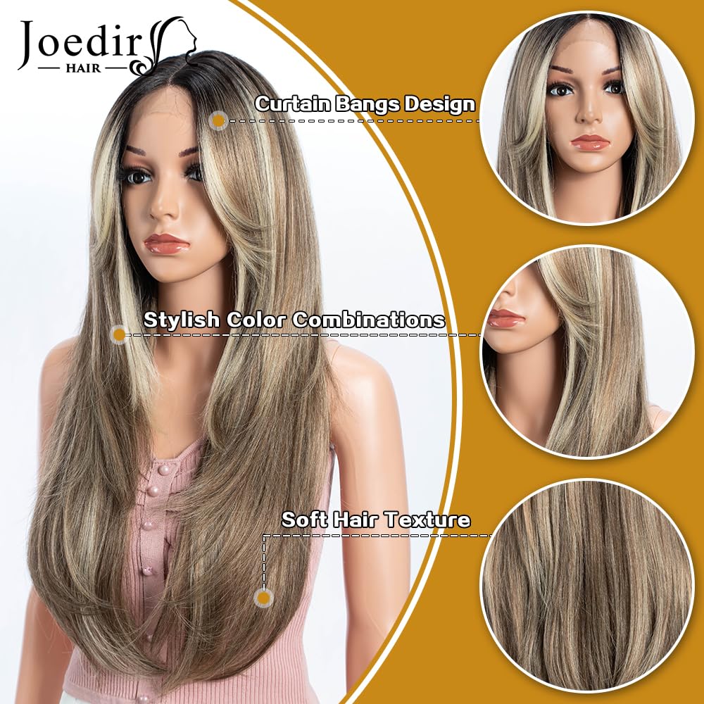 Joedir HAIR Layered Synthetic Lace Front Wig for Women with Curtain Bangs 24 inch Highlight Ash Brown Skunk Stripe Wig for Daily Party Cosplay (Color:NTSA4/10/23B/613C)