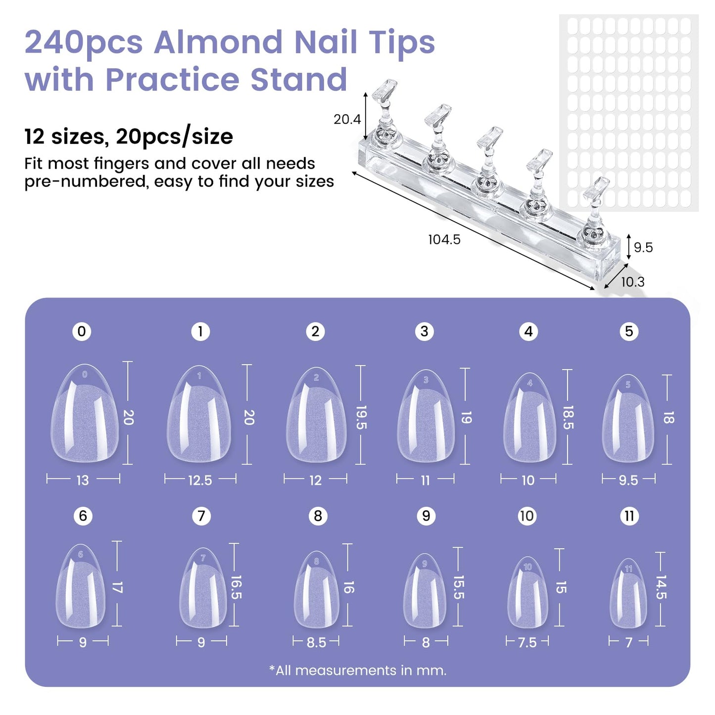 Extra Short Almond Nail Tips: 240Pcs Small Almond Shape Soft Gel Fake Nail Tips with Nail Stand, 12 Sizes Full Cover Clear Press on Nails for Girls for Home DIY Salon