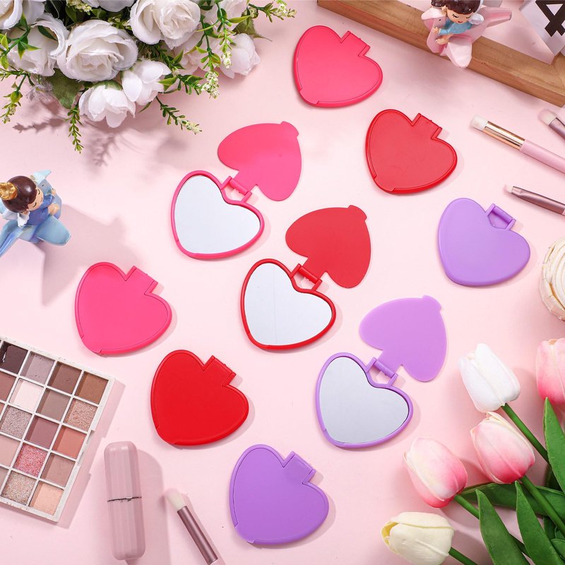 Geetery 48 Pcs Compact Mirror Bulk Women's History Month Gifts Party Favors Heart Shaped Mini Pocket Folding Portable Travel Makeup Purse Mirror for Friend Bestie Party Favor(Red,Rose Red,Purple)