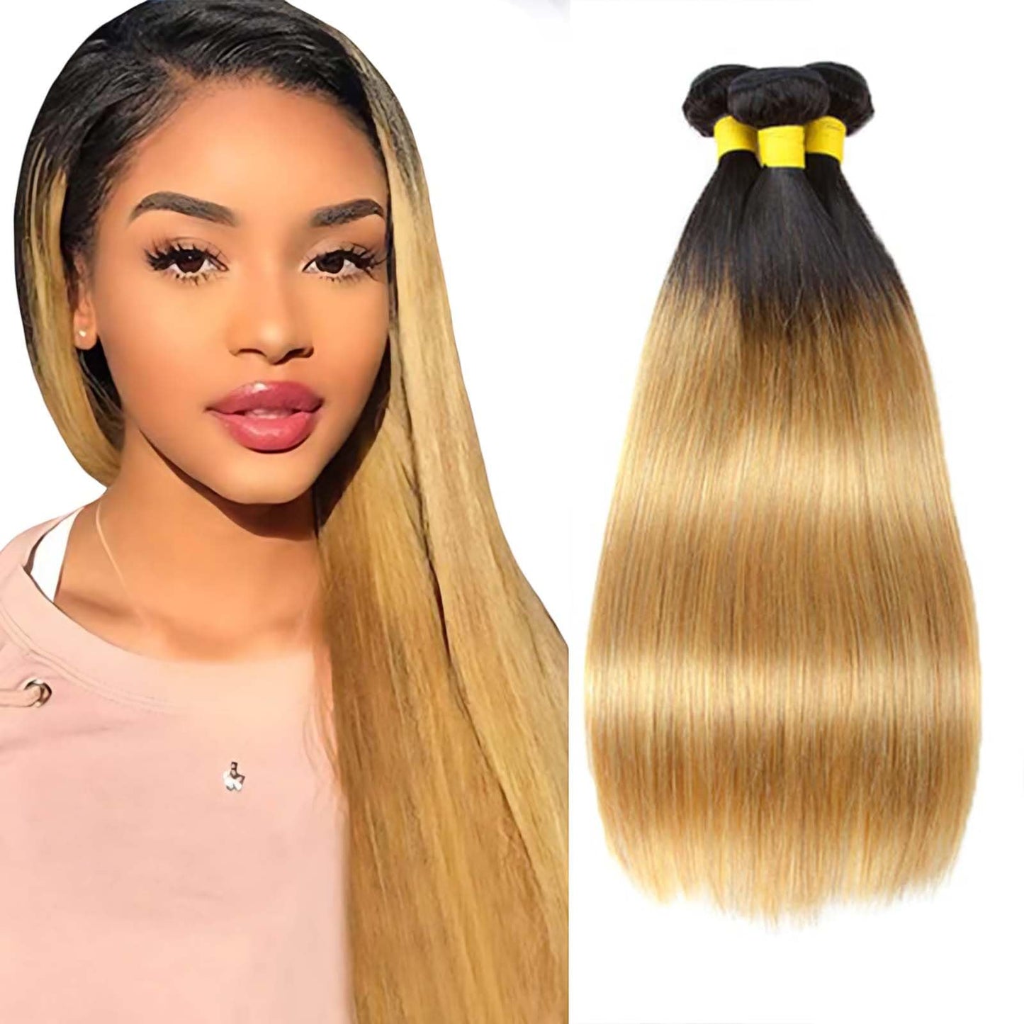 Honey Blonde Straight Bundles Human Hair T1B/27 Ombre Bundles Double Weft Brazilian Human Hair Sew-In Weave Extensions 10 12 14 Inch（Black Ombre Honey Blonde）