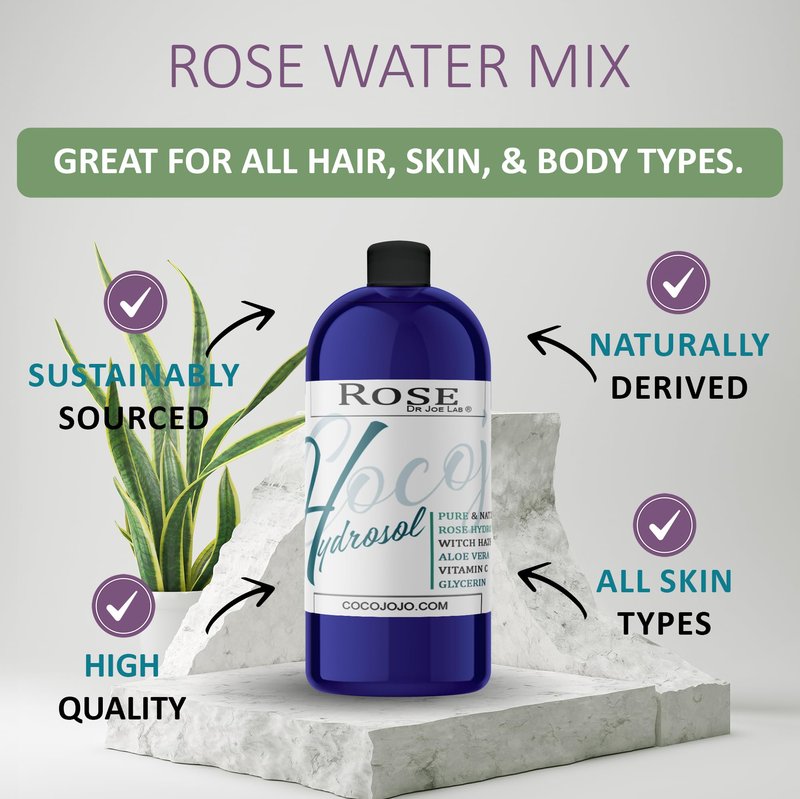 Dr Joe Lab Rose Water Hydrosol, Glycerin, Aloe Vera, Vitamin C & Witch Hazel Mix - Natural, Vegan, Non GMO, Floral, Face, Hair- 32 oz - Hydrating, Cleansing, Toning - Packaging May Vary