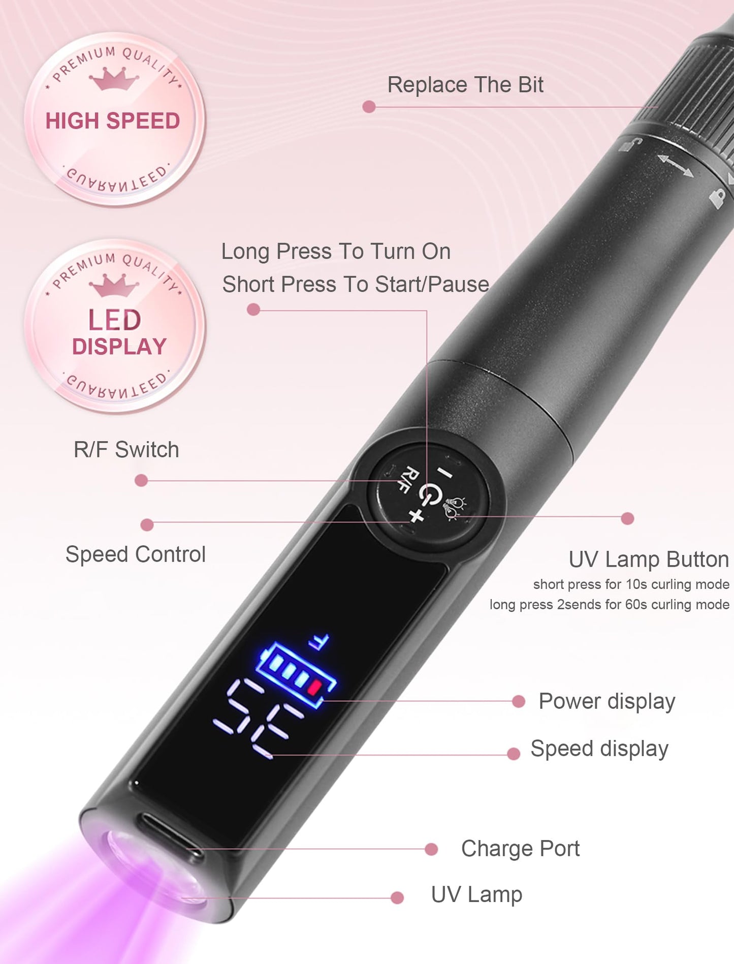 Cordless Electric Nail Drill Machine with Nail Lamp, 2 in 1 Nail File Kit 35000RPM Professional Portable Rechargeable E File for Acrylic Polish Gel Removal Manicure Pedicure Set