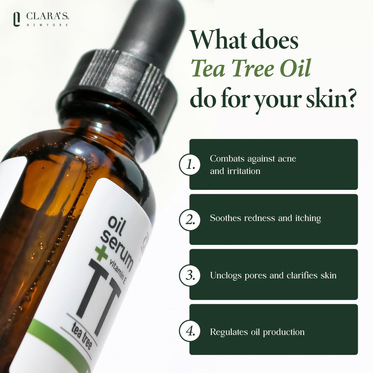 Clara's New York Tea Tree & Vitamin E Facial Oil Serum – Lightweight, Hydrating, Calming Skin for All Types – 30ml / 1 Fl Oz