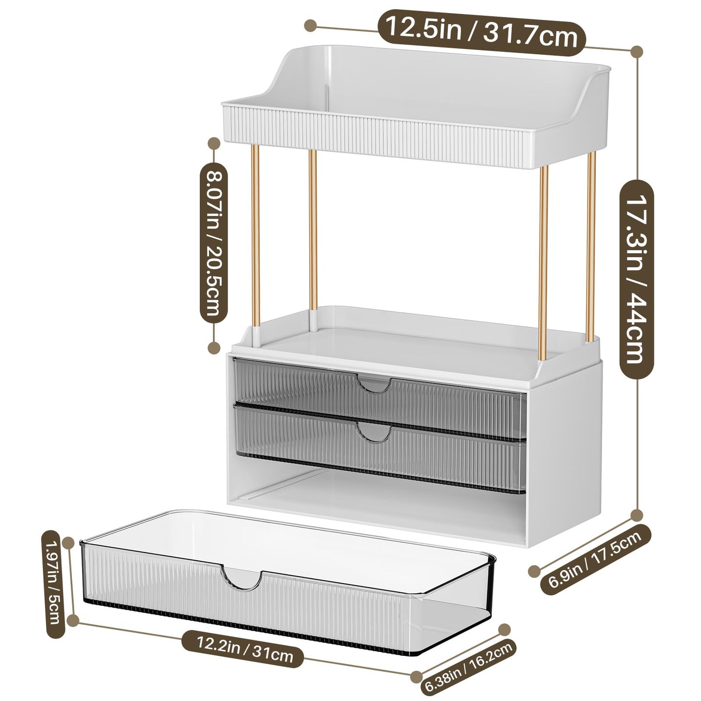 caktraie Bathroom Organizers and Storage - 3 Drawers 2 Tier Makeup Organizer, Cosmetic Storage Drawer for Dresser Countertop and Bathroom Vanity for Large Skincare, Perfume, Grey