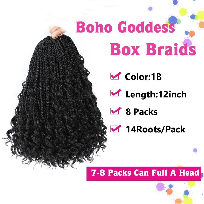 12inch Goddess Box Braids Crochet Hair Crochet Box Braids Curly Ends 3X Bohemian Crochet Box Braids Hair Synthetic Crochet Hair Extensions(12inch(Pack of 8), 1B)