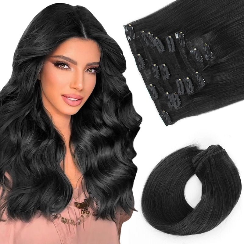 Sassina Clip in Hair Extensions Human Hair Remy Double Weft Straight Clip in Extensions Human Hair Jet Black Real Natural Human Hair Extensions 14 Inch 8 Pcs 90 Grams #1