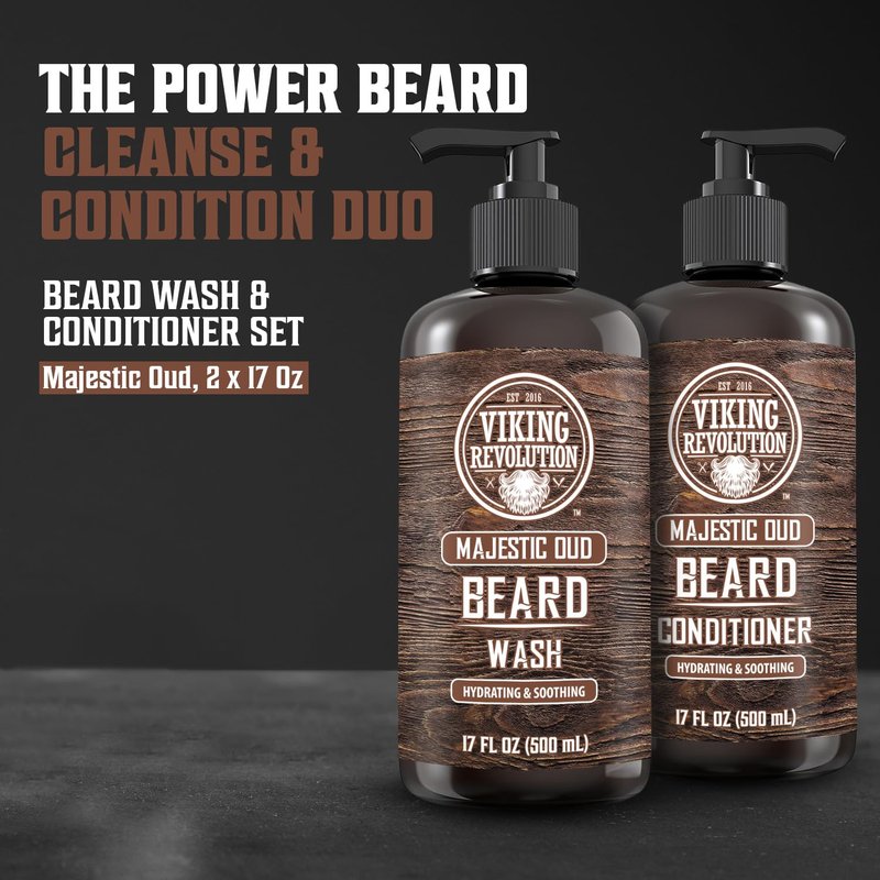 Viking Revolution Beard Wash and Beard Conditioner for Men with Argan Oil and Jojoba Oil - Beard Softener and Strengthener Beard Care Beard Shampoo and Conditioner with Beard Oil (17oz, Majestic Oud)