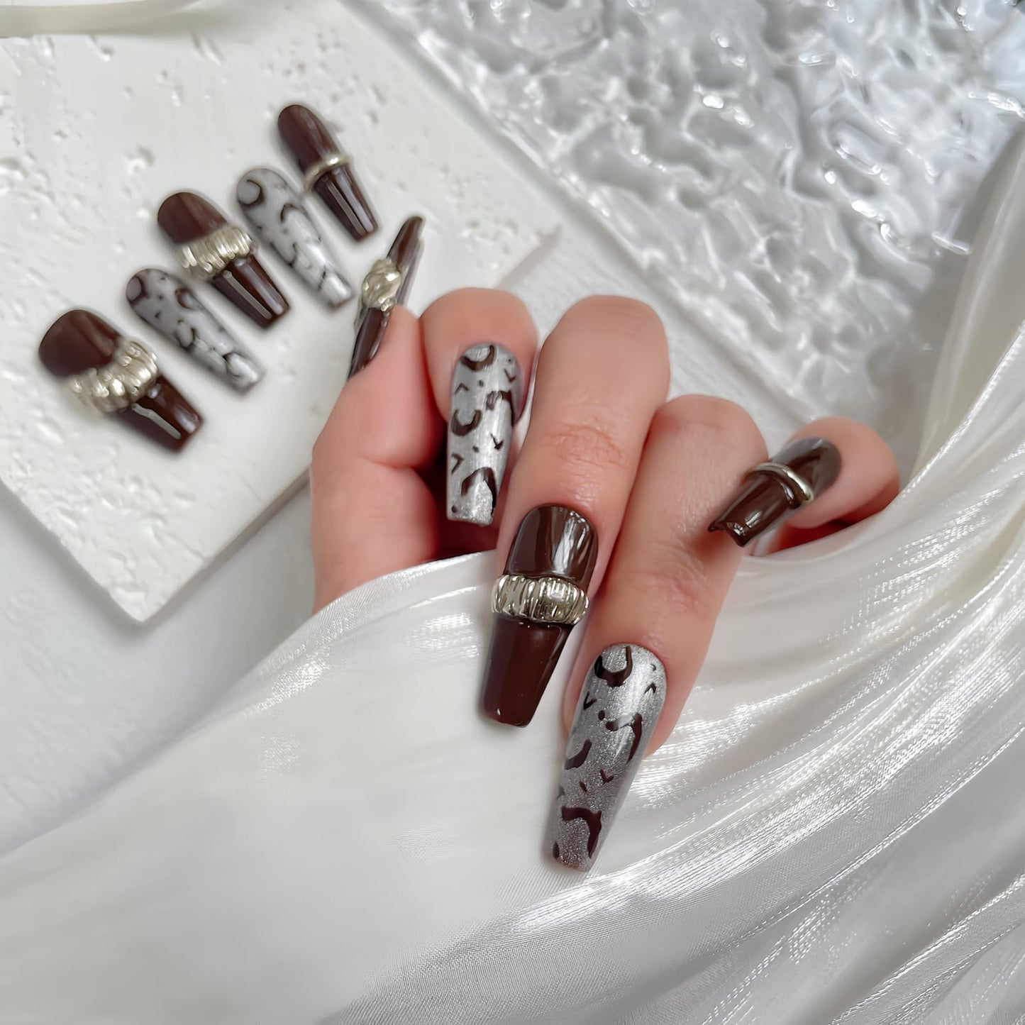 30PCS Handmade Press-On Nails – Long Coffin Dark Brown Leopard with Gold Accents – No Size Measuring Needed – Luxury Gift Set with Glue, Tools & Acrylic Box – Reusable Nail Kit for Women