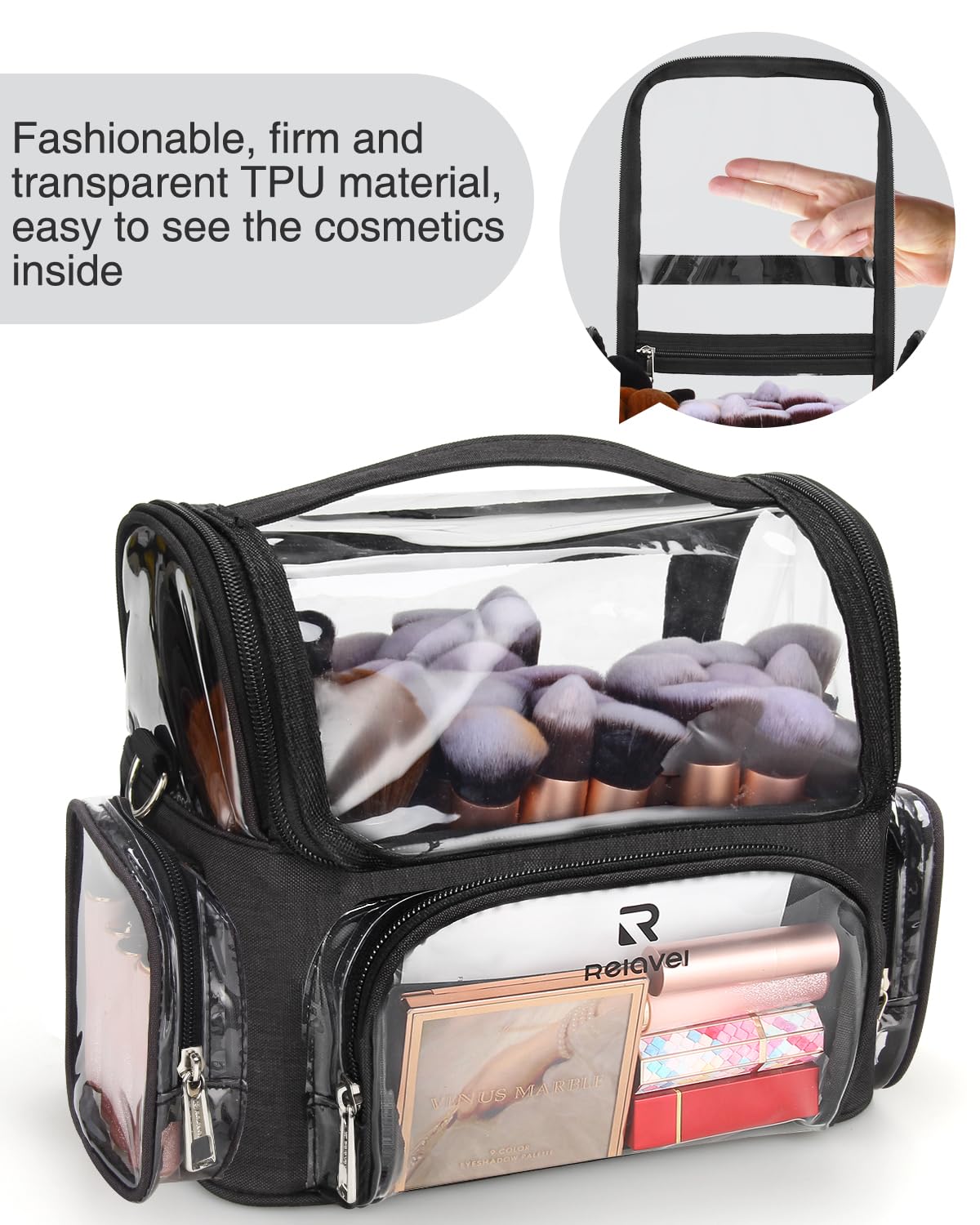 NAONAYA Makeup Brush Bag, Clear Makeup Brush Holder Professional Makeup Artist Travel Case Waterproof Cosmetic Organizer Bag, Full Open Easy to Access, with Adjustable Shoulder Strap and Dividers