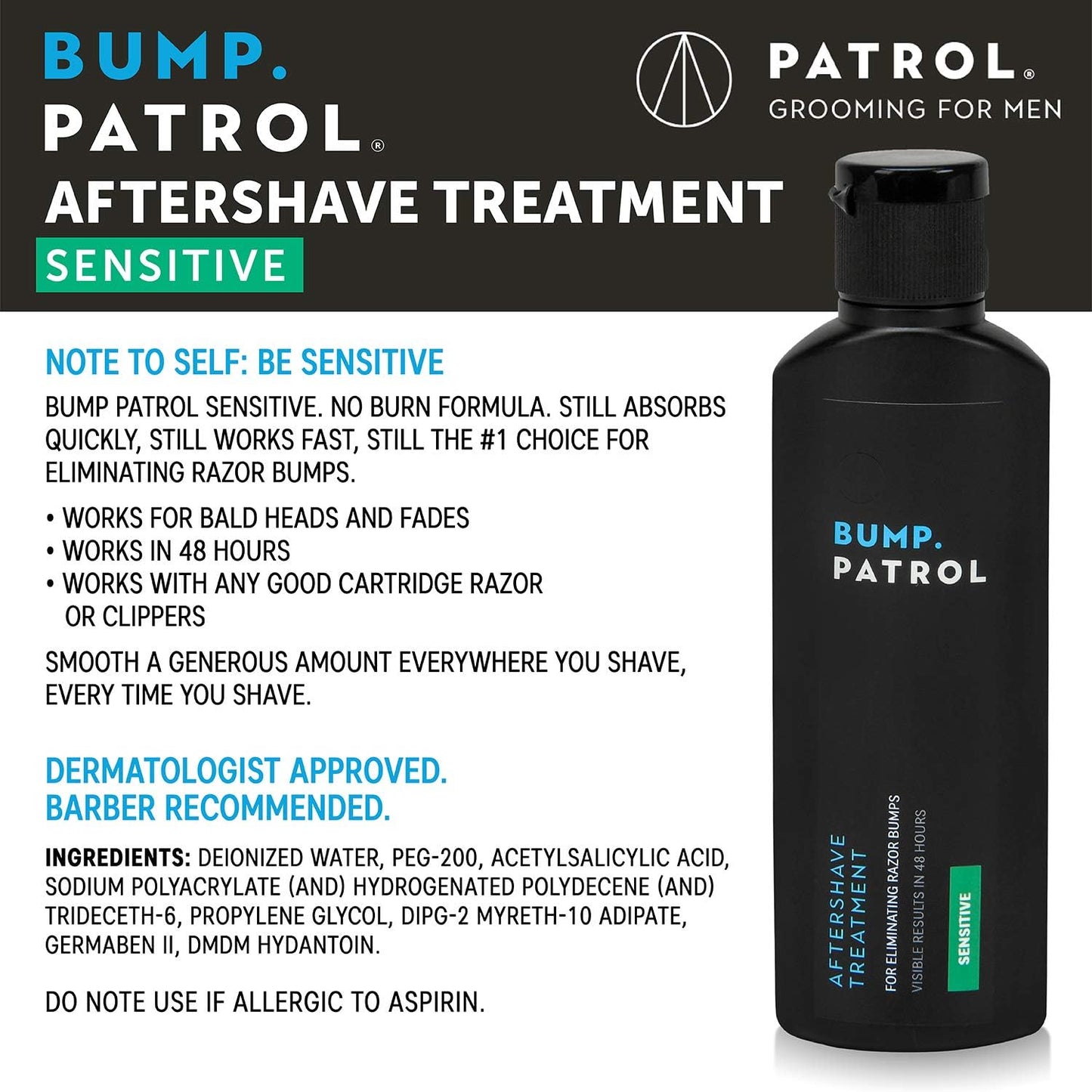 Bump Patrol Sensitive Strength Aftershave Treatment Serum – Razor Bump Stopper and Ingrown Hair Treatment for Men and Women, Alcohol Free Ingrown Hair Serum for Sensitive Skin 2 oz (Pack of 2)