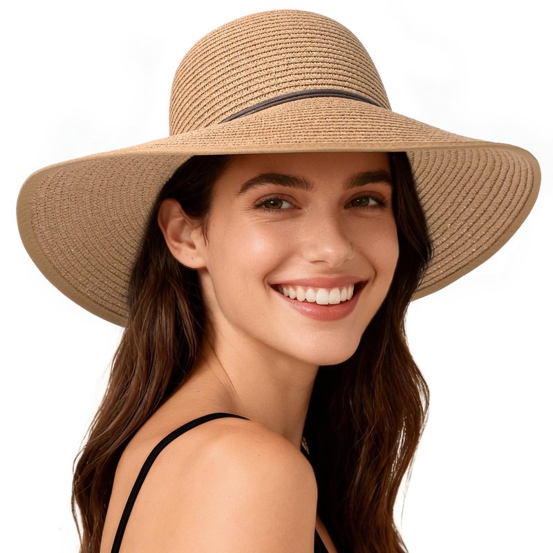 Sun Hats for Women, Straw Hats UPF 50+ UV Sun Protection, Wide Brim Packable Foldable Bowknot Womens Beach Hat for Summer Travel Khaki