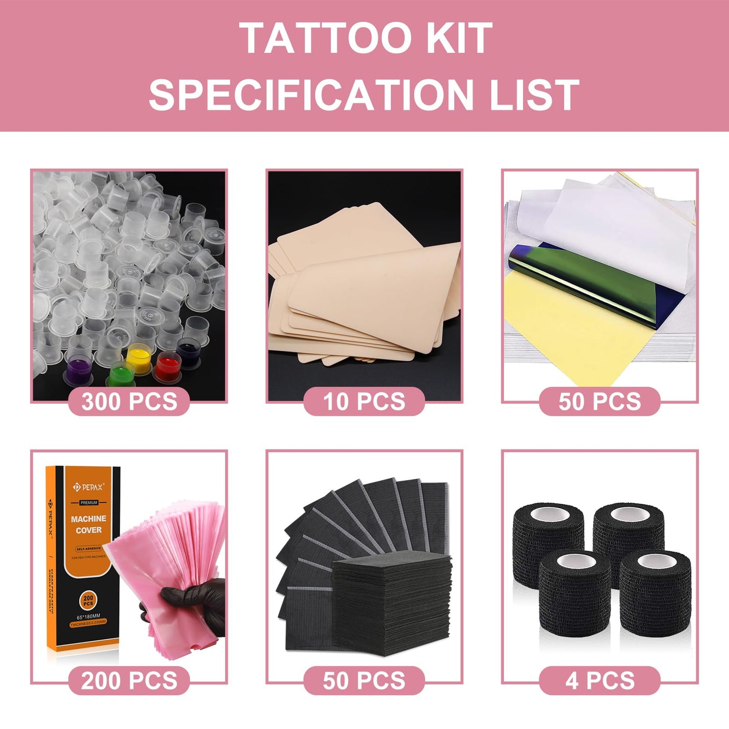 614PCS Tattoo Practice Skin Kit for Beginners - Professional Tattoo Training Set with 10 Realistic Fake Skin, 50 Transfer Paper, 300 Ink Cups, 200 Machine Covers, 4 Grip Tape & 50 Dental Bibs