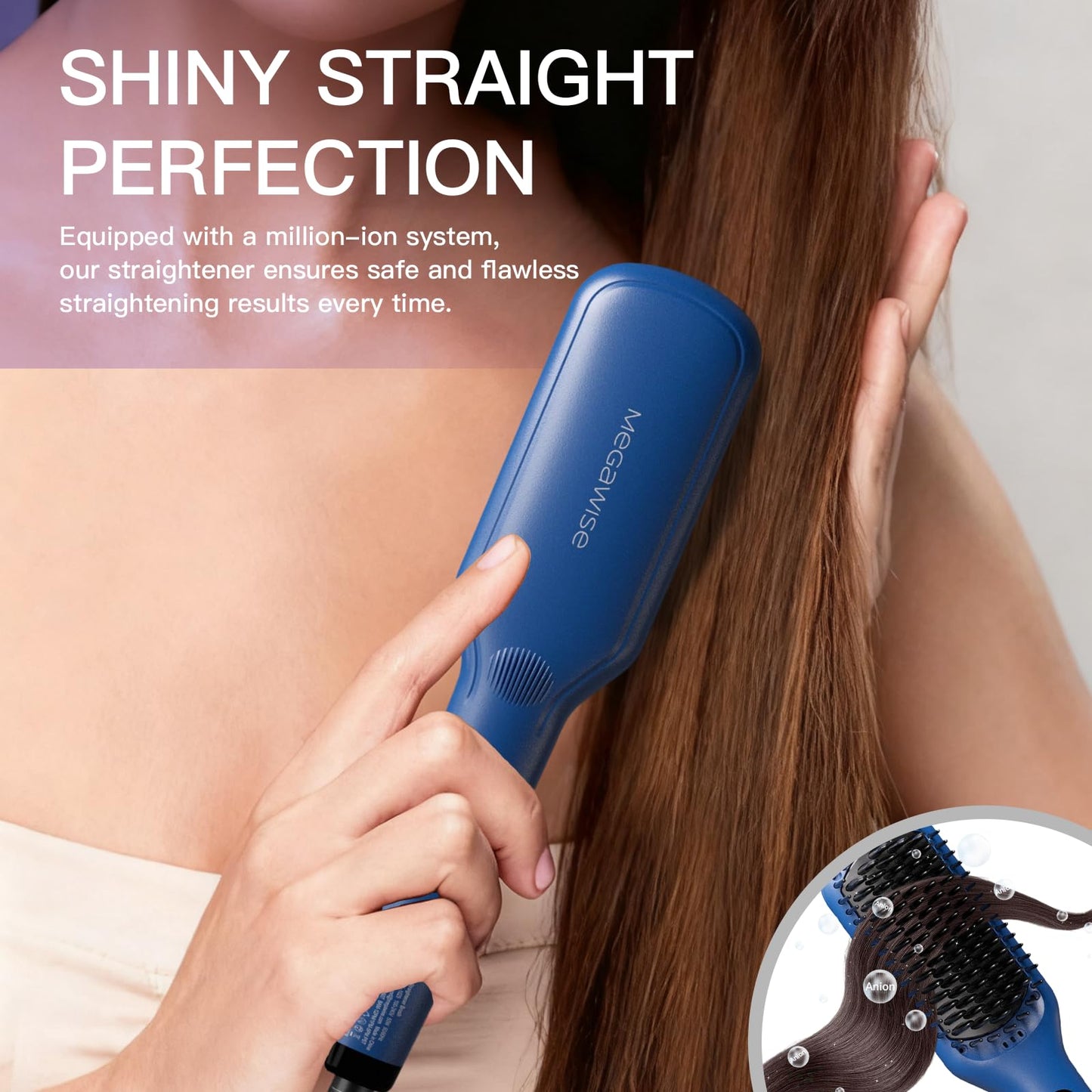 MEGAWISE Ionic Ceramic Hair Straightener Brush, 20-Second Fast Heating Ionic Hot Brush for Smooth, Frizz-Free Hair, Anti-Scald with Auto Shut-Off, Easy Daily Styling for All Hair Types