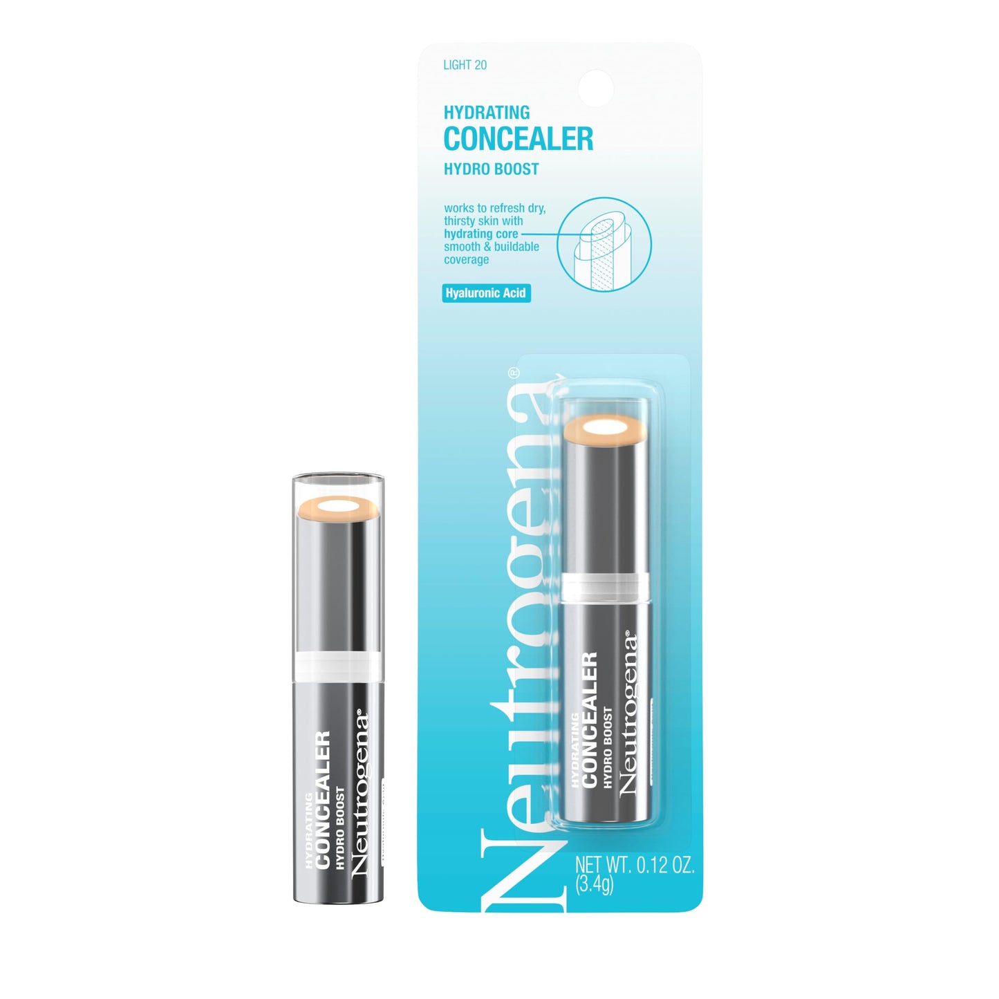 Neutrogena Hydro Boost Hydrating Concealer Stick for Dry Skin, Oil-Free, Lightweight, Non-Greasy and Non-Comedogenic Cover-Up Makeup with Hyaluronic Acid, 20 Light, 0.12 Oz