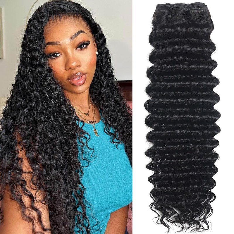 Deep Wave Bundles Human Hair 20 Inch 12A Raw Indian Human Hair Single Bundle 100% Unprocessed Deep Wave Bundles Double Weft Deep Curly Weave for Black Women Natural Black Color