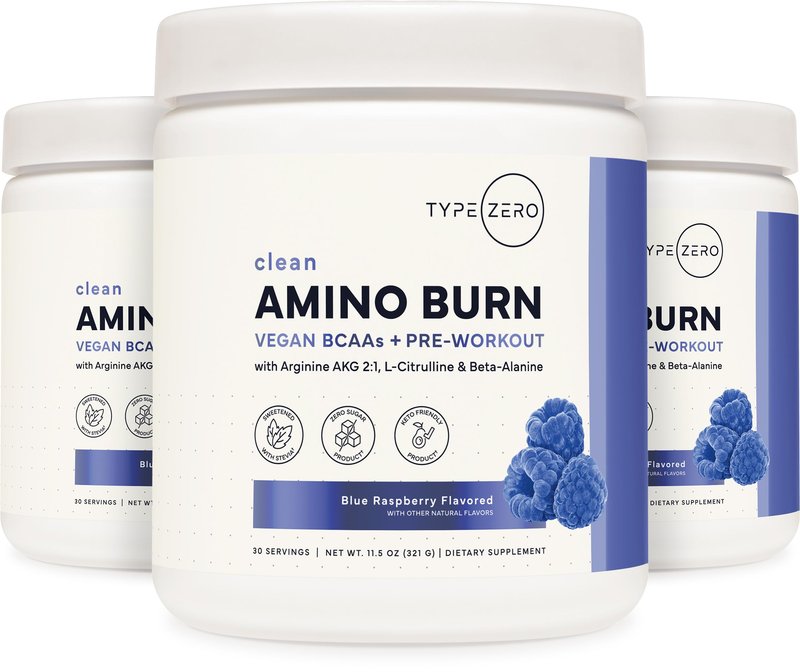 Type Zero Amino Burn - Vegan BCAA + Clean Pre Workout Powder with Arginine AKG, L-Citrulline & Beta Alanine - Amino Acid Clean Energy, Endurance & Hydration Supplement - Blue Raspberry, 30 Servings