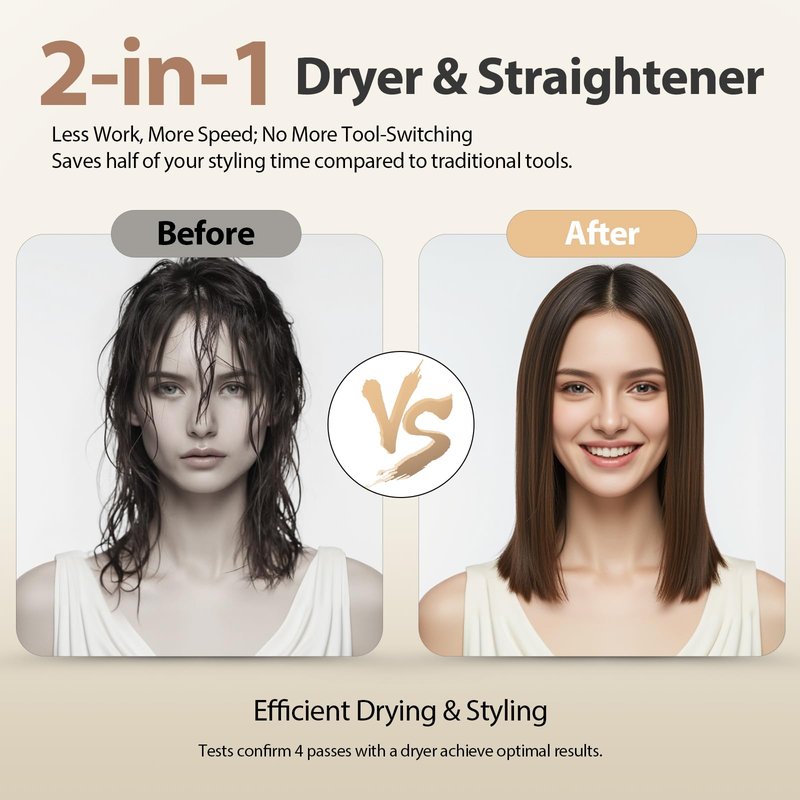 Quico Air Straightener, Ionic Wet to Dry Hair Straightener with High-Speed Airflow, 5 Temps & Dual Voltage 2-in-1 Flat Iron and Hair Blow Dryer Straightener, No Heat Damage, No Hot Plates, Black Grey