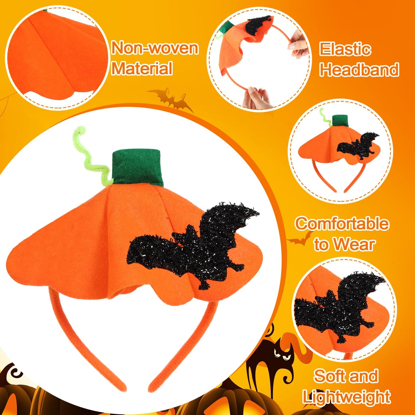 Hotop 48 Pcs Halloween Pumpkin Headbands, Pumpkin Hat Dress up Headband Hair Bands Hair Hoops, Halloween Costume Party Supplies Headwear Accessories for Women Adult