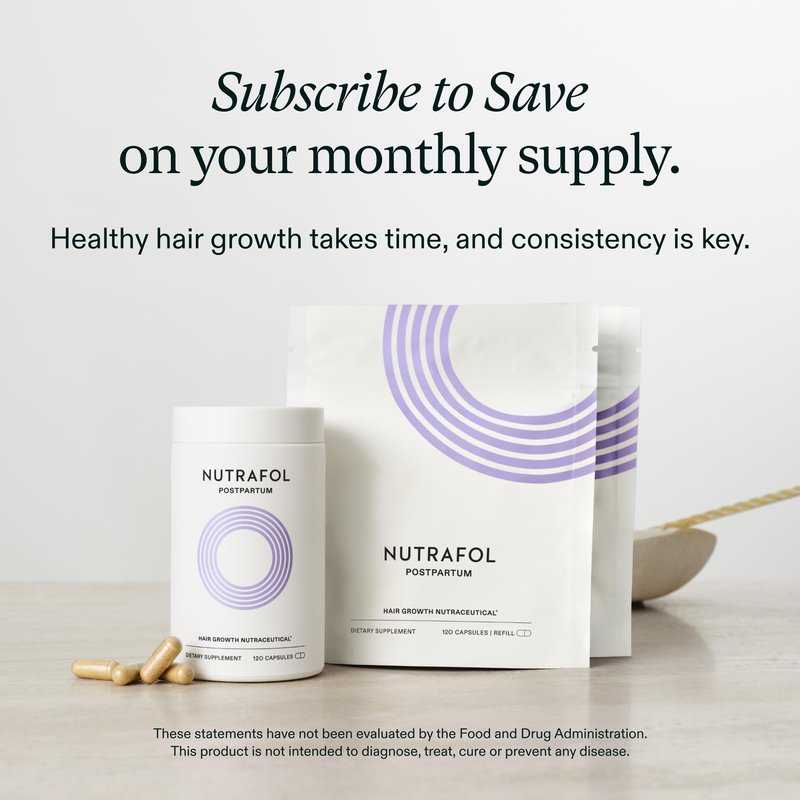 Nutrafol Postpartum Hair Growth Supplements, Clinically Tested for Visibly Thicker Hair and Less Shedding, Breastfeeding-friendly - 2 Month Supply, Pack of 2