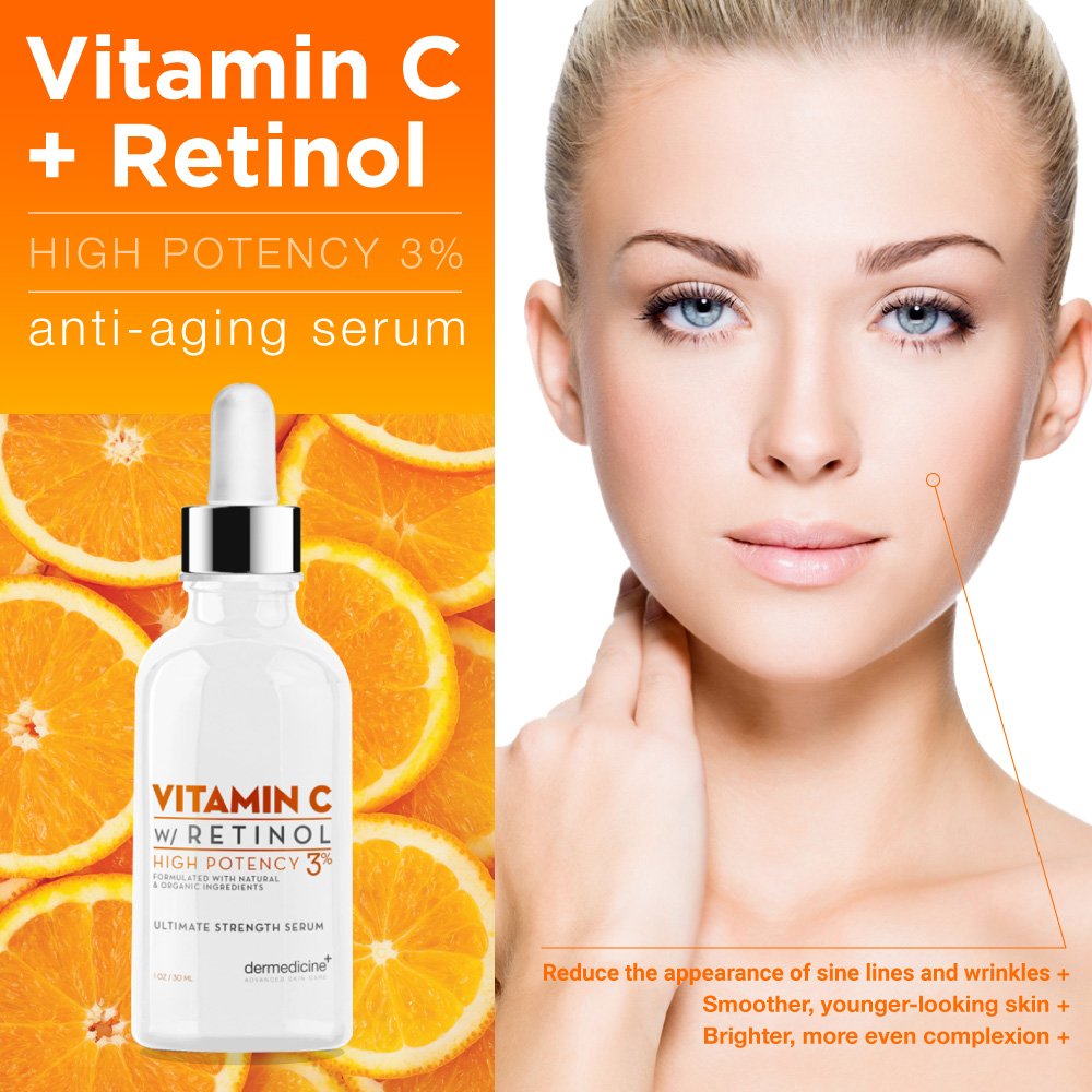 Vitamin C & 3% Retinol Anti-Aging Serum - Reduces Fine Lines & Brightens Skin Tone | Professional Grade Quality