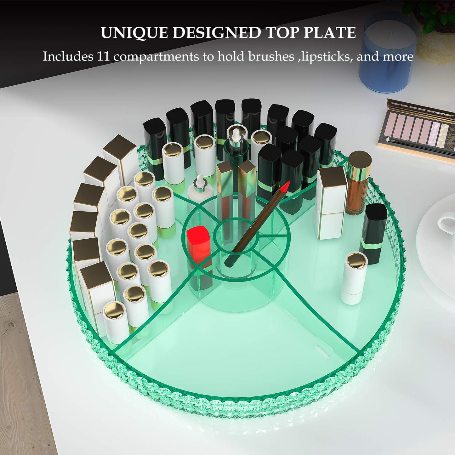 HEMTROY 360 Degree Rotating Makeup Organizer, Extra Large Capacity Organizador De Maquillaje, Removable DIY 7 Layers Cosmetics Organizer, Acrylic Perfume Organizer for Vanity Countertop (Green)