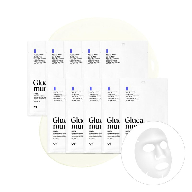 VT COSMETICS Glucamune Mask, Hydrating Vegan Sheet Mask for Face, Hypoallergenic, Fragrance-Free, for Dry & Sensitive Skin, Beta-Glucan, Glucosamine, Glass Skin Glow, Korean Skincare (10 pcs)