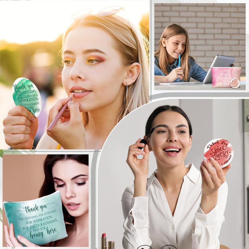 Employee Appreciation Gift for Women - Inspirational Canvas Makeup Bag with Compact Mirror | 60 Pcs, Pastel Color
