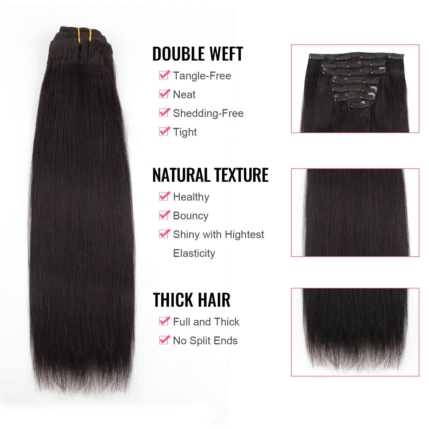 ABH AmazingBeauty Hair Yaki Straight Clip ins Human Hair Extensions for Black Women Natural Black Light Yaki Clip ins 7 Pieces 120 Gram Per Set, 12 Inch