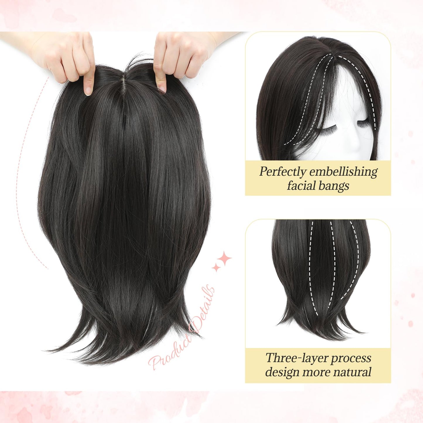 Ms Taj 12 Inch Hair Topper for Women with Thinning Hair, 6.5"x6.5" Large Base Synthetic Topper with Bangs, Fiber Wiglets Ladies Hair Pieces for Daily Wear, Work, Party-Brown Black