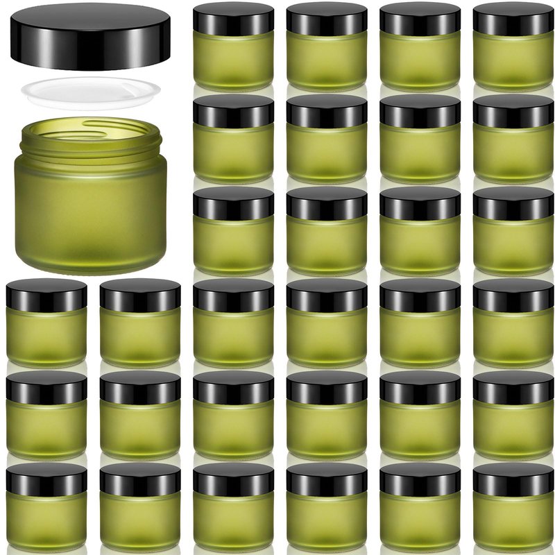 Domensi 32 Pcs 2 oz Glass Jars with Lids Travel Size Round Leakproof Empty Cosmetic Jars with Inner Liners Lid for Storing Makeup Lotions Face Cream Ointments DIY Making (Pea Green)