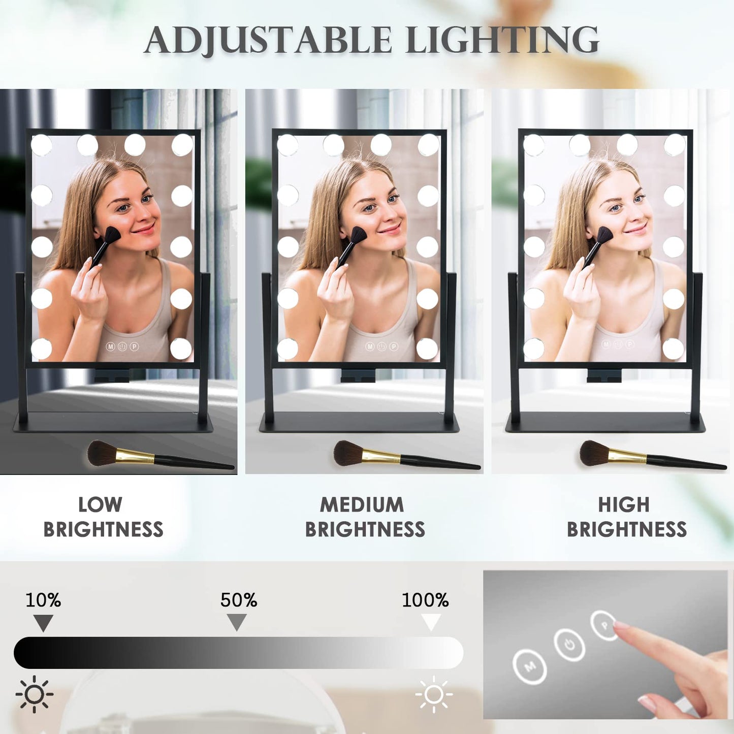 BWLLNI Lighted Makeup Mirror, Vanity Mirror with Lights, Hollywood Vanity Mirror with 9 Dimmable Bulbs Lights, 3 Lighting Modes, Detachable 10X Magnification Mirror, Smart Touch Control, 360°Rotation