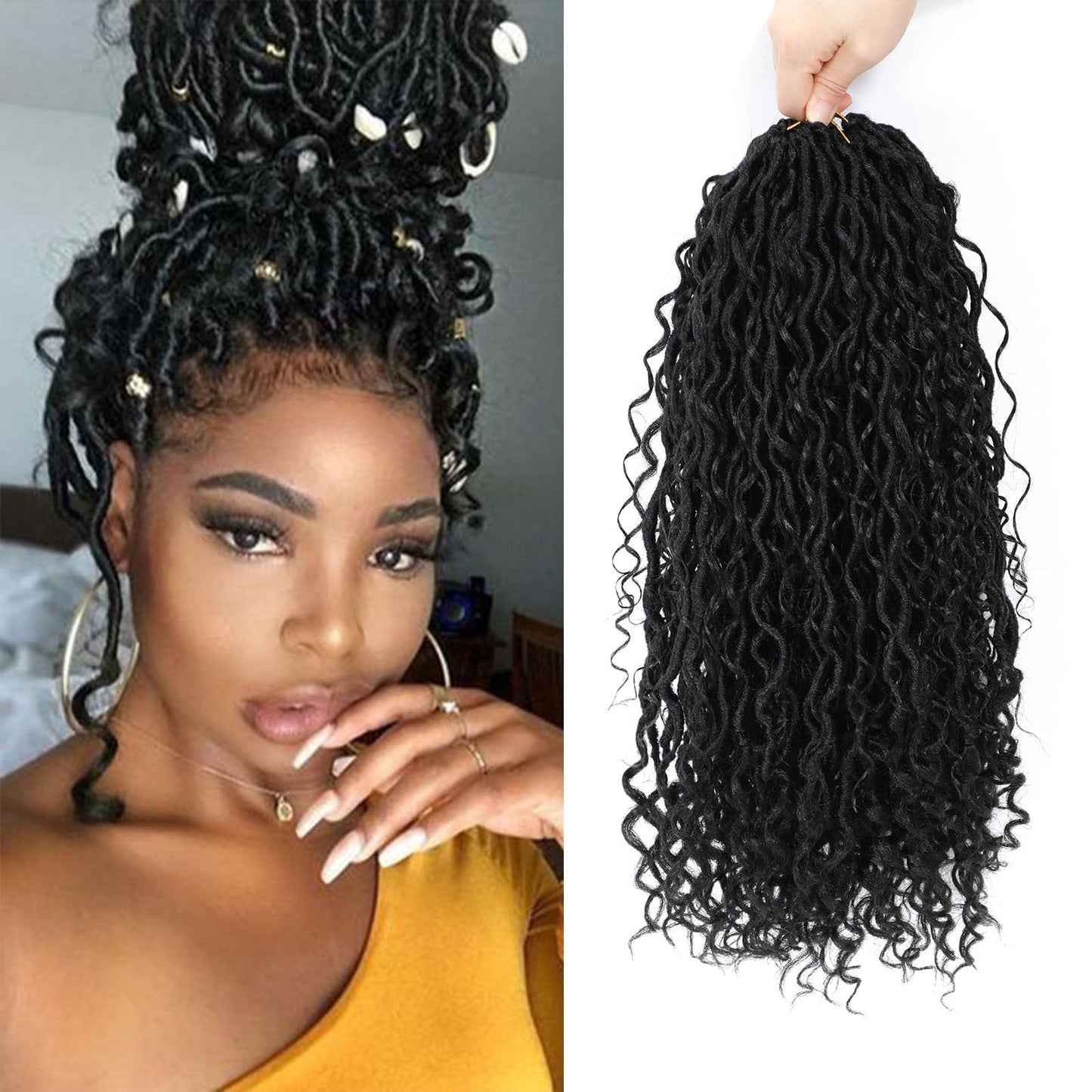 8 Packs Boho Faux Locs Crochet Hair Pre-looped 14 Inch Crochet Goddess Locs with Curly Ends for Black Women Black Boho River Locs Crochet Hair