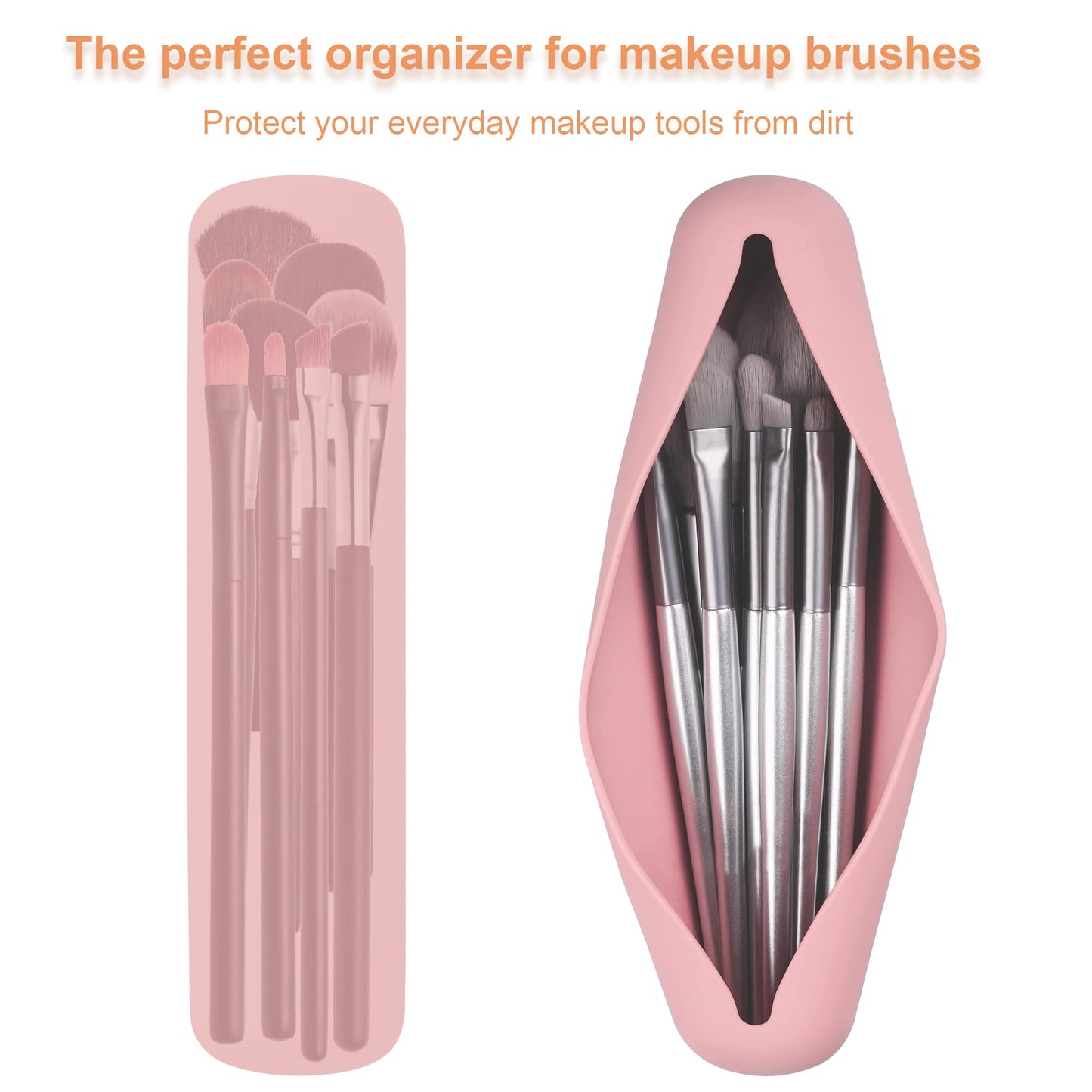FERYES Travel Makeup Sponge Brush Holder, Soft Silicone Beauty Make Up Brush Blender Case Organizer for Travel- Pink