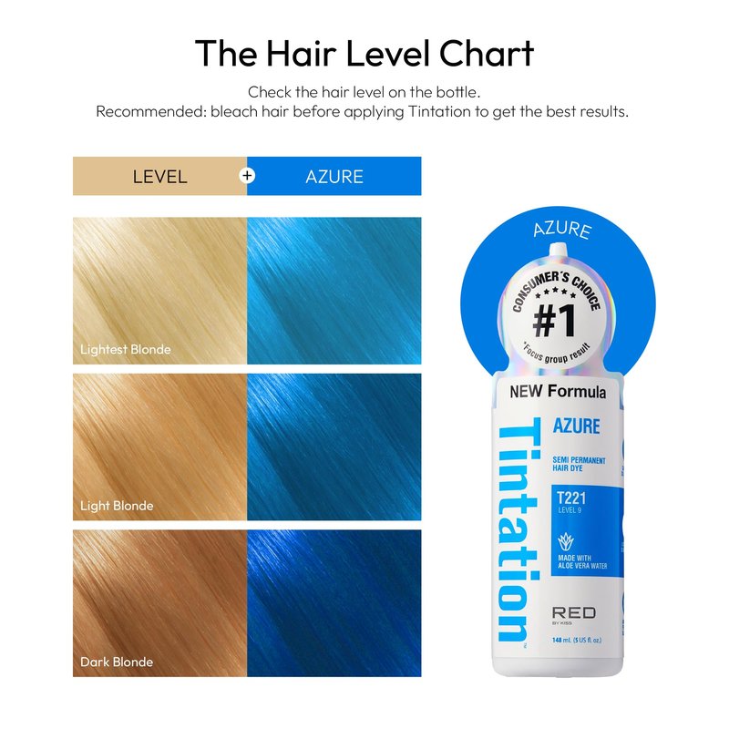 Red by Kiss Tintation Semi-Permanent Hair Color, Aloe Vera Water Based, Argan Oil, Olive Oil, Collagen & Keratin, Long-Lasting Color Dye (Azure, 5 Fl Oz)