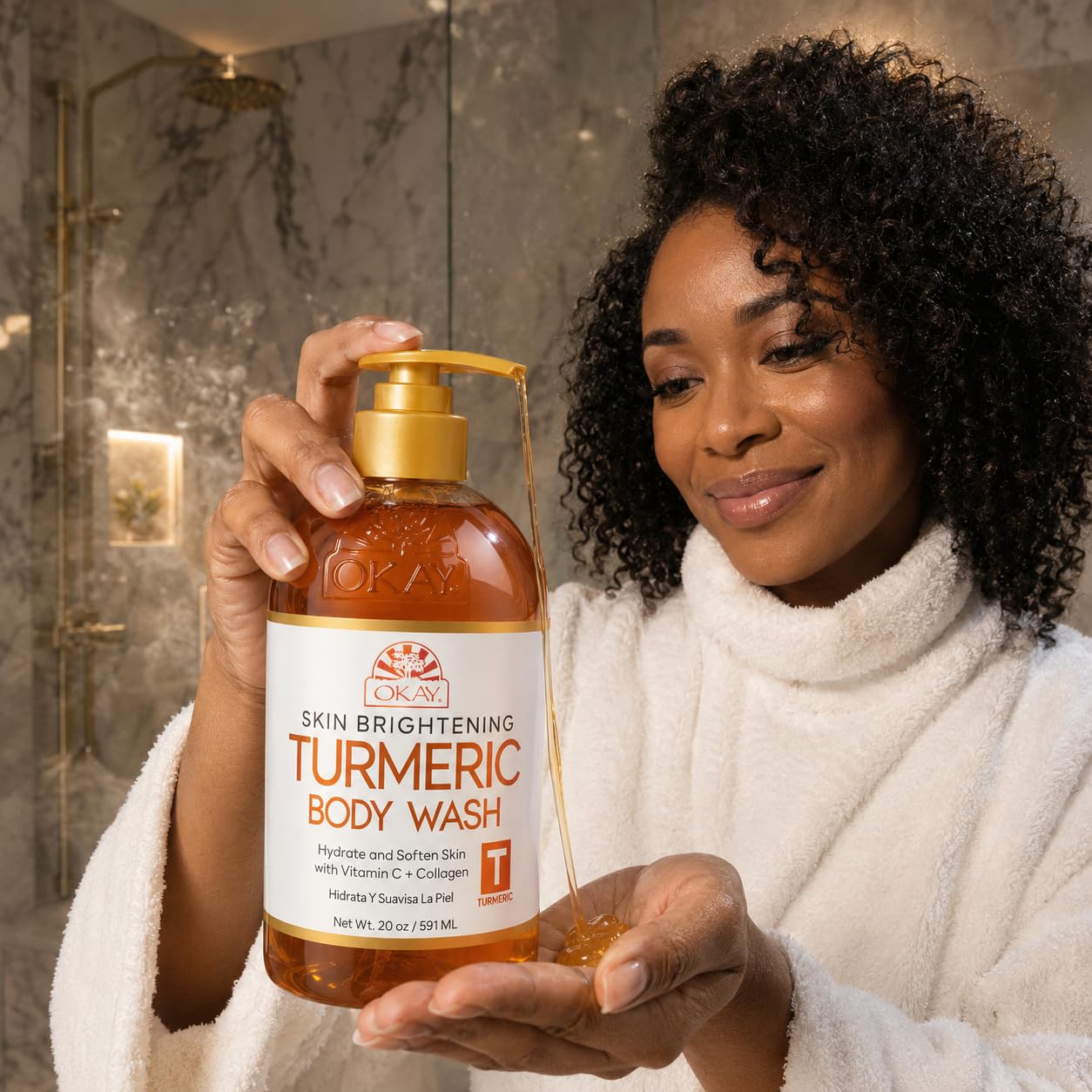 OKAY Turmeric Skin Brightening Body Wash 20 oz – Vitamin C & Collagen Glow Cleanser for Dark Spots & Even Skin Tone