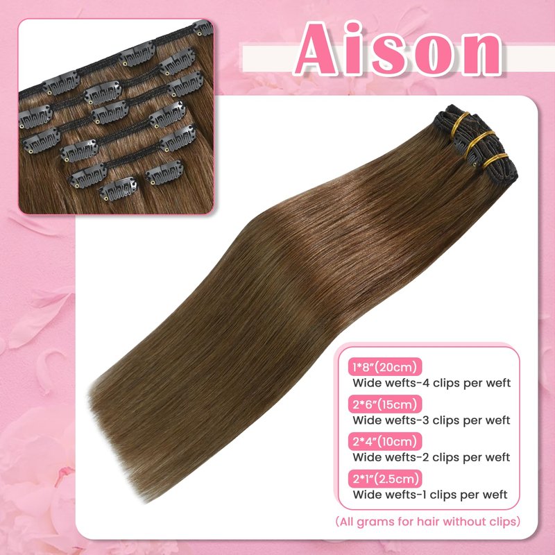 Aison Light Brown Hair Extensions Clip in Real Human Hair 75G 100% Remy Human Hair Clip in Extensions for Women 7pcs 16clips18 Inch