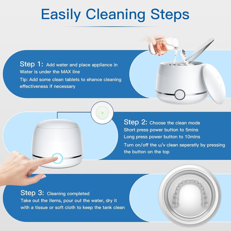 Denture Cleaner Machine - 45kHz Ultrasonic Jewelry & Mouthguard Cleaner | 200ml with Timer