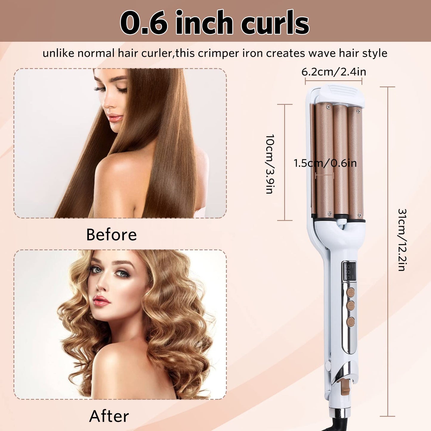 3 Barrel Hair Crimper Iron Professional Curling Wand 0.6 Inch Ceramic Fast Heating Crimping Iron for Deep Waves Valentines Gifts