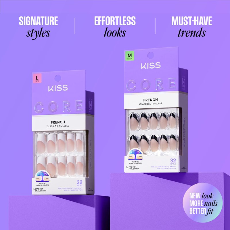 Kiss Core, Press On Nails, Nail glue included, 'Full of Fun', Black, Medium Size, Almond Shape, Includes 32 Nails, 2g Glue, 1 Manicure Stick, 1 Mini File