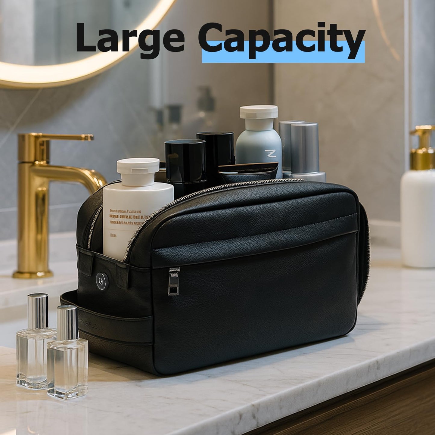 MIRASON Toiletry Bag for Men Leather Travel Toiletry Bag Dopp Kit with Metal Zippers, Water-Resistant Bathroom Bag for Travel Essentials Shaving Bag Gifts for Men, Black