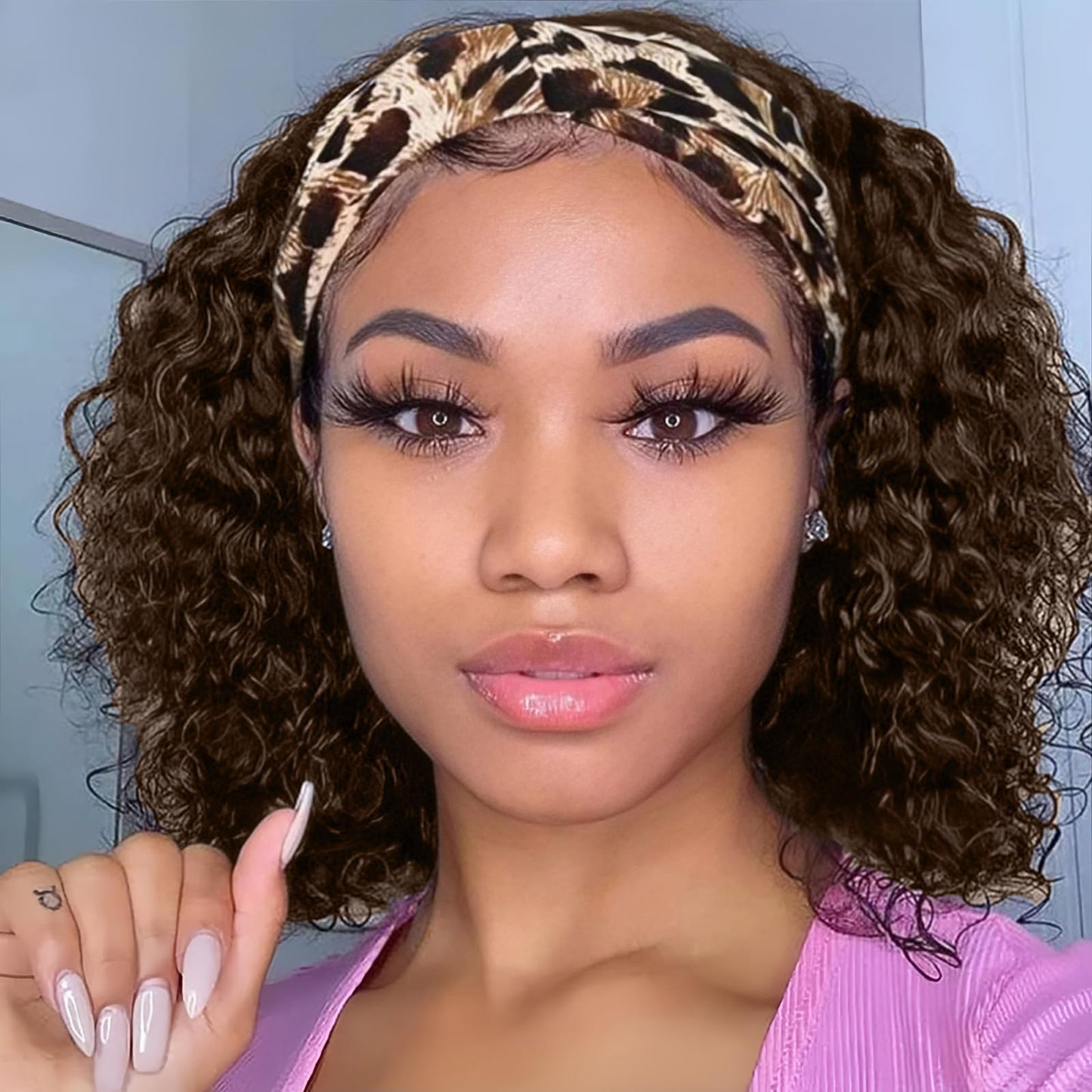 Maytune Ombre Headband Wig Human Hair Curly 12 inch Deep Wave Headband Wigs for Women Glueless P4/27 Highlight Water Wave Head band Wigs Human Hair