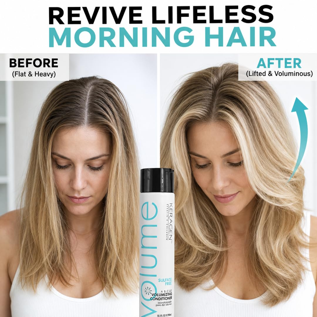 KERAGEN Volumizing Conditioner – Alcohol-Free, Sulfate-Free & Paraben-Free for Fine Hair | Keratin, Panthenol, Jojoba Oil & Vitamins | Lightweight Hydration & Frizz Control | Made in USA | 10 oz